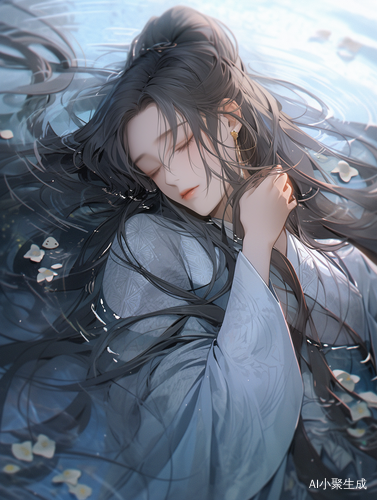 水中沉静青少年优雅长发与柔和光线交织的美景