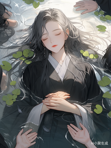 水中沉静青少年优雅长发与柔和光线交织的美景