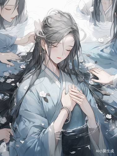 水中沉静青少年优雅长发与柔和光线交织的美景