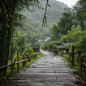 山间小栈道，两边是翠绿的竹林，下雨，地面湿湿的,远处有一些村舍，烟雾缭绕，夏天，摄影画质