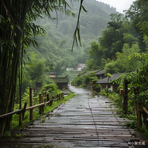 夏日雨中竹林小栈道与远村烟雾景色