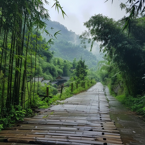 山间小栈道，两边是翠绿的竹林，下雨，地面湿湿的,远处有一些村舍，烟雾缭绕，夏天，摄影画质