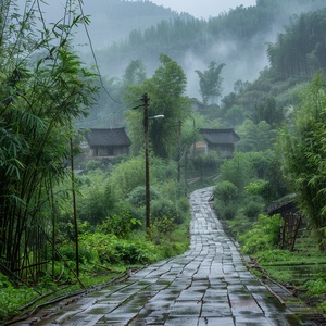 山间小栈道，两边是翠绿的竹林，下雨，地面湿湿的,远处有一些村舍，烟雾缭绕，夏天，摄影画质