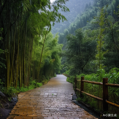 山间蜿蜒小栈道与翠绿竹林的治愈夏日风景