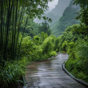 山间蜿蜒小栈道，两边是翠绿的竹林，高大，整齐，下雨，地面湿湿的，夏天，摄影画质，治愈氛围