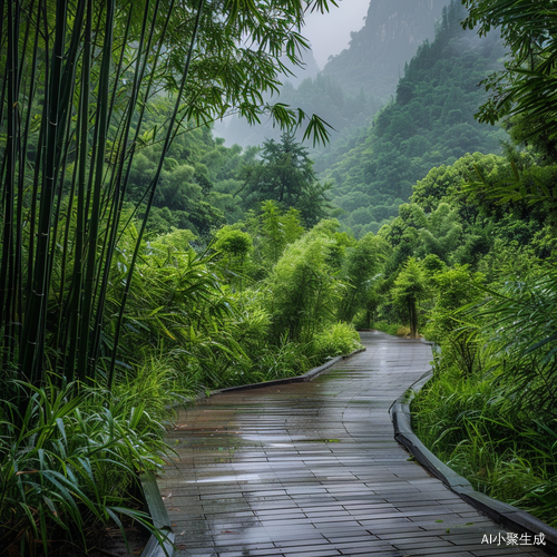 山间蜿蜒小栈道与翠绿竹林的治愈夏日风景