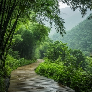 山间蜿蜒小栈道，两边是翠绿的竹林，高大，整齐，下雨，地面湿湿的，夏天，摄影画质，治愈氛围