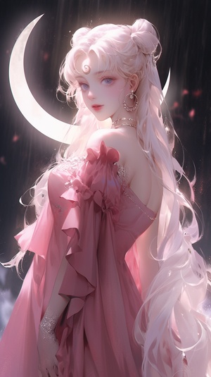 anime girl with long hair and a pink dress with a big moon in the background, beautiful anime portrait, anime style. 8k, portrait knights of zodiac girl, artwork in the style of guweiz, beautiful anime art style, anime style 4 k, the sailor moon. beautiful, beautiful anime, beautiful anime style, extremely detailed artgerm, guweiz niji 5 style cute