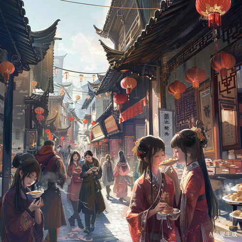 中国女孩在美丽街道上散步品尝美食