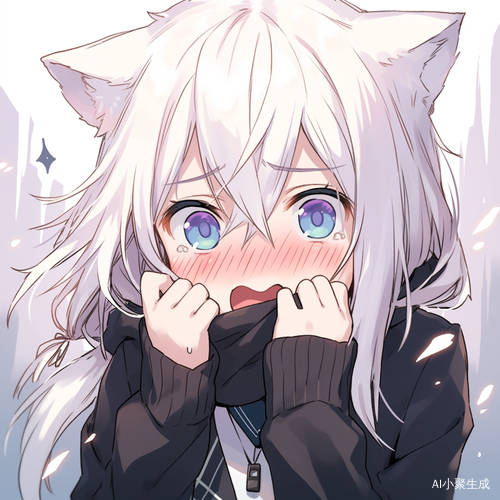 白发猫娘jk校服羞涩捂裙带泪光闪烁