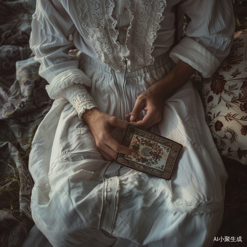 成年男生白礼服单膝跪地手持塔罗牌