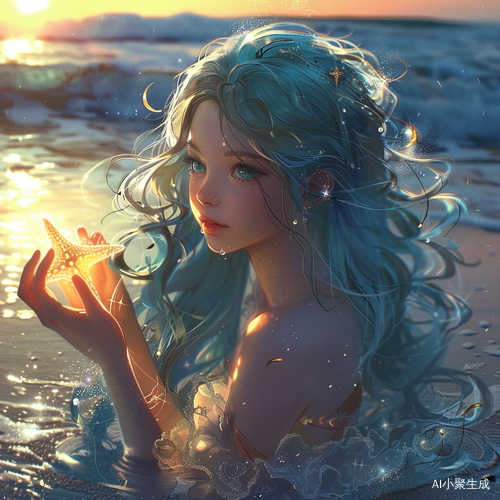蓝发女孩海边捧星梦幻场景