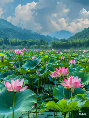 明亮天空下的细雨与婀娜多姿的莲花