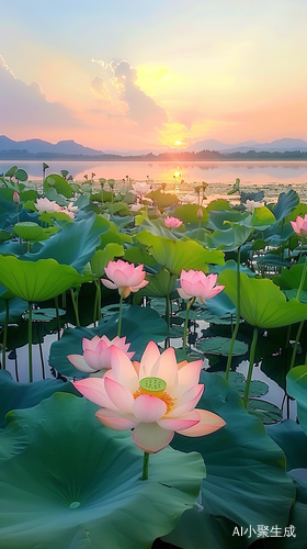 荷池边夕阳映照下的荷花与芦苇之美