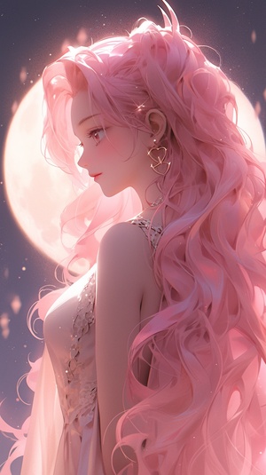 Anime Girl in Pink Dress Under Big Moon Portrait