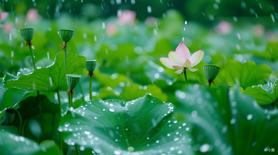 雨后荷叶翠绿水珠晶莹如梦如幻