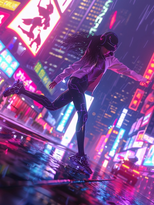 A graceful girl, dressed in cybernetic-enhanced attire, dancing dynamically under the neon lights of a futuristic cityscape, detailed 3D model with fluid motion capture, vibrant colors blending with the urban glow, hyperreal rendering, OC Renderer, Unreal Engine, full body in motion, Ultra HD, 8K.