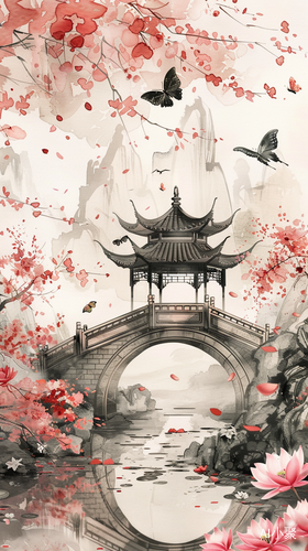 Chinese Ink Painting of Pavilion Under Peach Blossom with Bridge and Stream