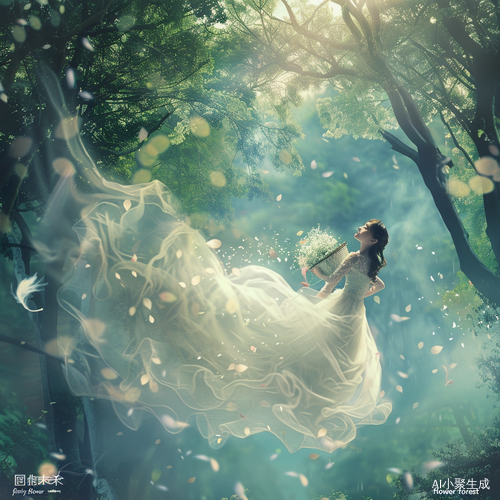 晨雾仙境中的白衣仙女与花瓣雨奇景