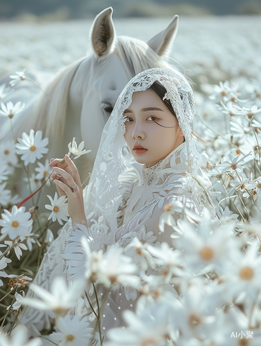 白马与白衣女子共舞石蒜花海的梦幻时刻