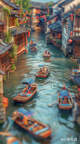 江南小镇水乡景象船行青砖红瓦