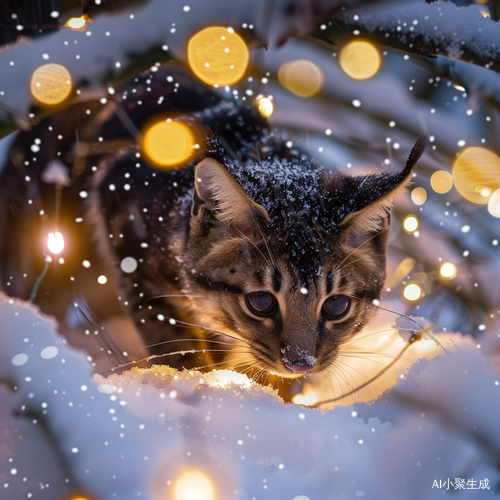 可爱狸花猫幼年在雪地中玩耍的温馨画面