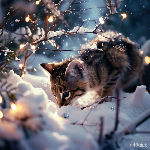 可爱狸花猫幼年在雪地中玩耍的温馨画面