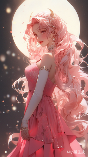 Beautiful Anime Girl in Pink Dress Under Big Moon