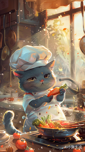 矮脚蓝猫在厨房中忙碌的温馨烹饪场景