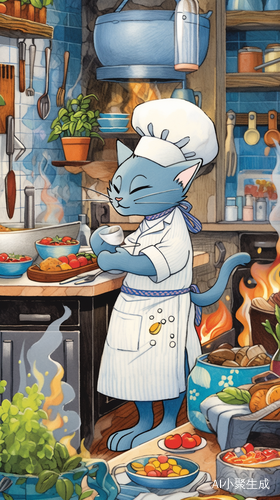 矮脚蓝猫厨师在温馨厨房中烹饪五彩蔬菜