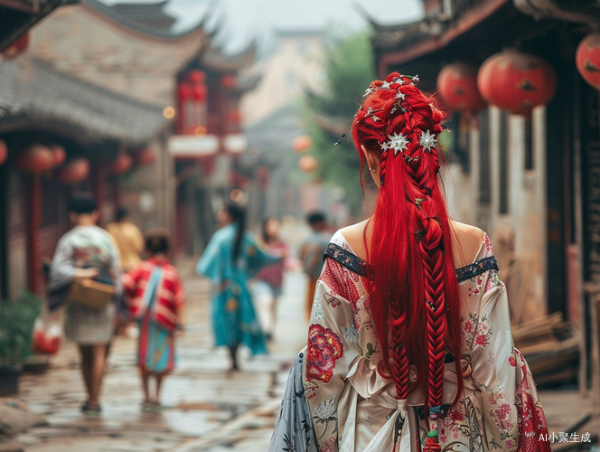 中国母亲身着汉服满怀欣慰笑容带着五颗星星走在大街上
