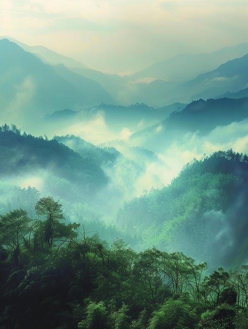 雾海翻涛碧连天，青山竹雨石中琴，幽境八音隐若龙，何时再现羽化仙。