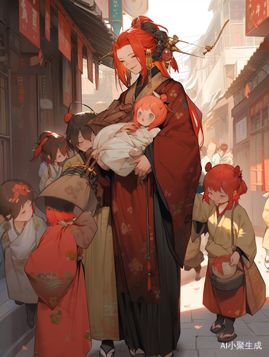 中国母亲红发汉服怀抱孩子的现代幸福