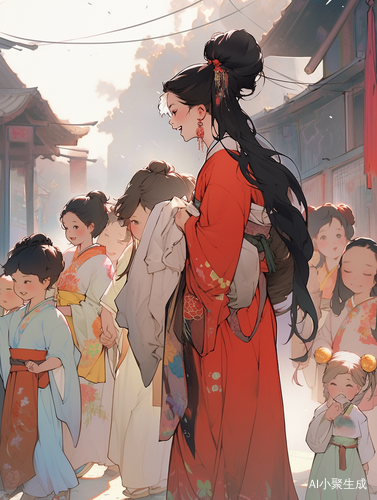 中国母亲红发汉服怀抱孩子的现代幸福