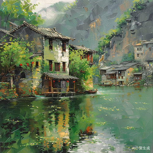 青砖灰瓦的江南小镇与清澈小河的自然景致