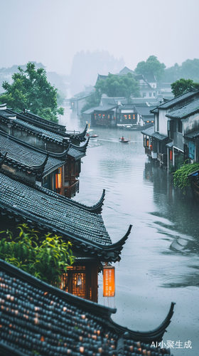 江南水乡的细雨与夕阳下的游客景象