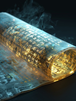 An unrolled ancient Chinese rice paper book , opened and placed , glass material written with Chinese characters in gold , transparent , light blue , white , light gold ,C4D, OC renderer , dreamlike , combined with the sense of the ancient and the future , three - dimensional ancient , bioluminescent , a beam of light , three - dimensional ancient , romantic ancient , light yellow , clean background , Zhao Wuji , Clear particles , clear light and shadow , real and virtual fields , ultra - high resolution , 