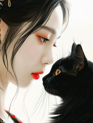 an elegant chinese woman and a black cat , beautiful eyes with long eyelashes , red lips , Jewelry earrings , smooth lines , minimalist , white background , ethereal and Zen , romantic realism ,8k. ar 3:4 v 6.0 s 100