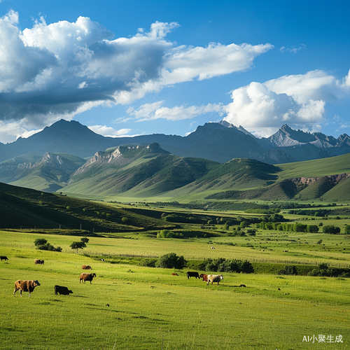 宁静乡村的绿田与悠闲牧畜景象