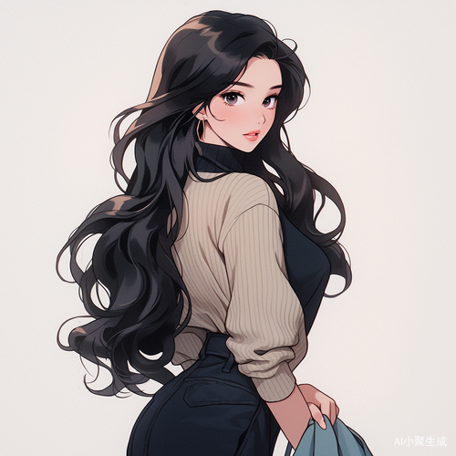 气质美女黑色波浪长发吊带长裙全身照