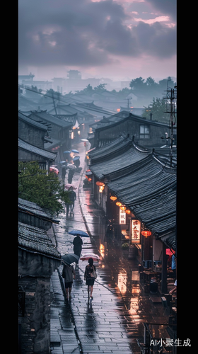 江南水乡细雨中的夕阳与远景游客