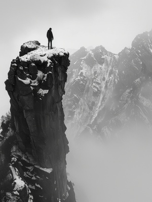 注 I N Black and white photography of a man on top of a mountain , with a misty atmosphere , taken with a wide shot , while it was snowing , with soft light , contrast , and shadowplay creating a minimalist style