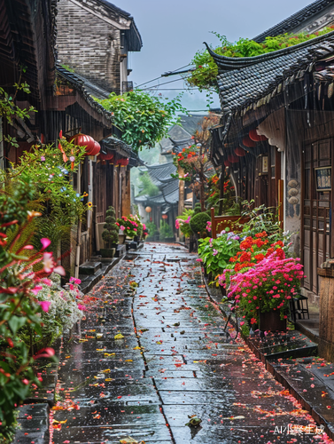 江南古镇大雨中鲜花盛开超高清画质