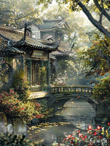 中式田园诗意画面中的古风建筑与自然景致