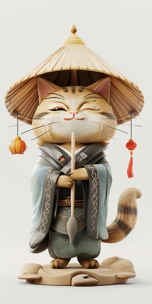 Cute, adorable, fluffy, pot-bellied cat. Taoist priest, Taoist ritual instrument, Taoist hat. Funny facial expressions, Taoist gestures and movements. 3D figures, elongated shapes, cartoon style. Snowing, clean white background, minimalist.