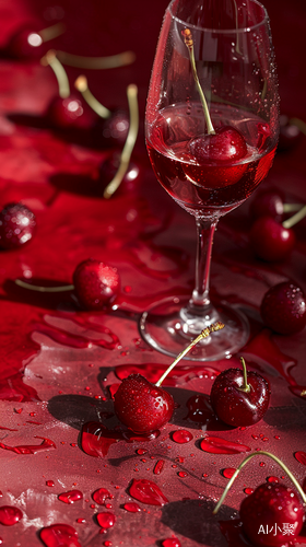 Cherries and Wine Glass Composition on a Red Table