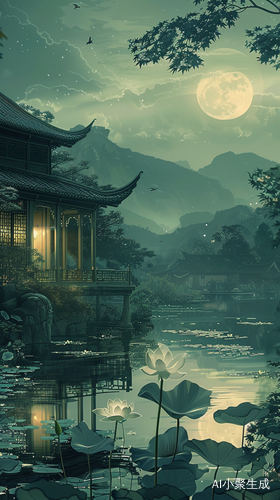 月光下的清冷湖面与卯榫结构建筑的莲花雕刻