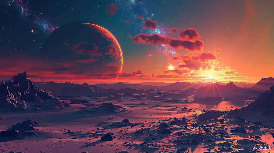 沙漠夜晚璀璨七彩星球的天体奇观