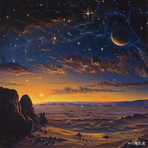 落日余晖下的戈壁与夜空中的星球