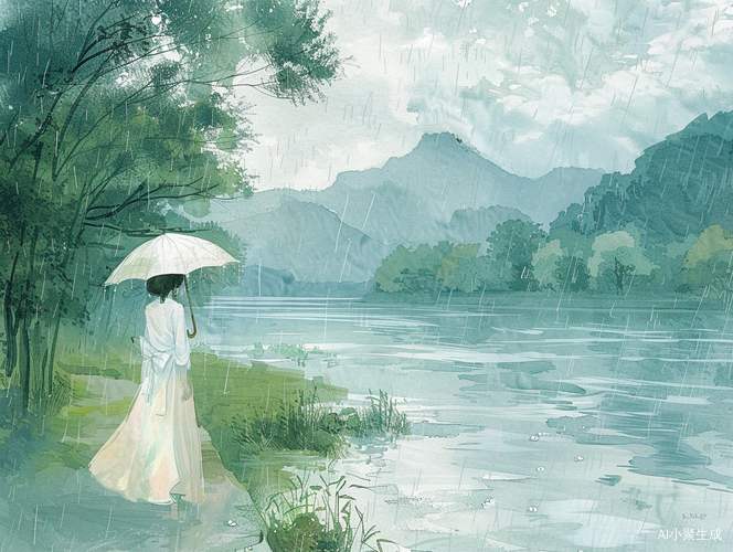 女孩撑伞在雨中河边欣赏涟漪与青翠山色